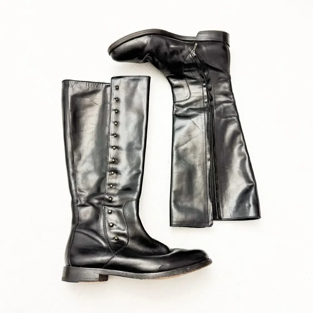 Cole Haan Black Leather Zip Up Riding Biker Boots Riveted Knee High Size 7 EUC